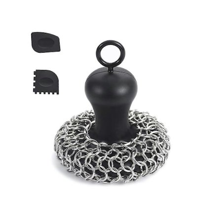 CASA Valurautainen Ketjupostipesin + Pannu, Ruostumattomasta teräksestä valmistettu Paistinpannun Puhdistaja, Työkalu Valurautapannuille Musta