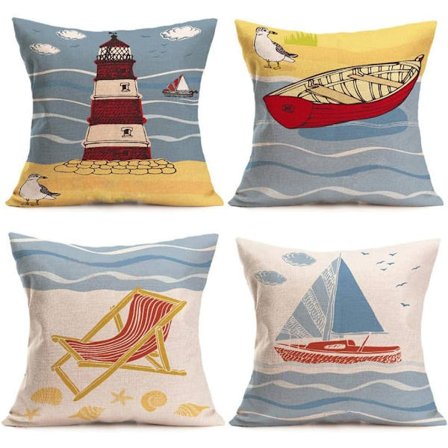Strandkuddfodral 4-pack bomullslinne kustkast kuddfodral havsmotiv kuddfodral 18 x 18 tum