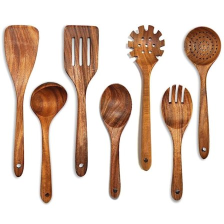 Wooden Cooking Utensil Set, 7 Pcs Teak Wood Utensils, Wooden Kitchen Utensil Set, Wood Kitchen Utensils