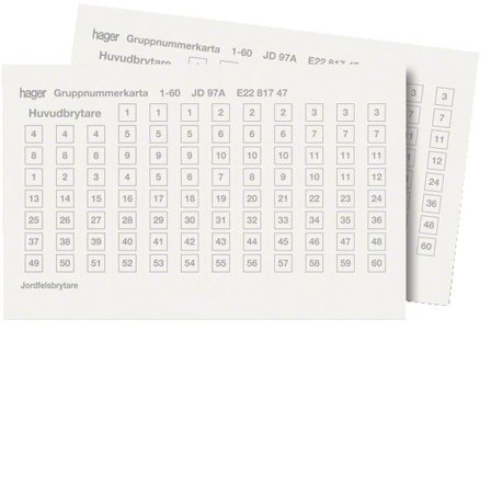 Hager JD97A Ryhmänumerokartta 1-60, Sähkön jakelu & virrantuotto