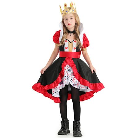Barn Vuxen Hjärtans Drottning Alice i Underlandet Dräkt Poker Drottning Cosplay Halloween Maskerad Dräkter Sexig Klänning Med Huvudbonad