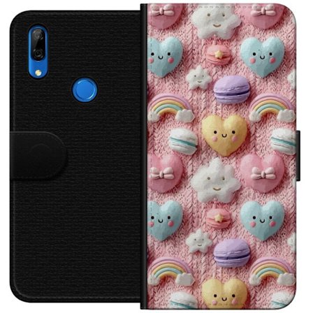 Kompatibel Tegnebogsetui til Huawei P Smart Z Pastelmotiv med hjerter, skyer, regnbuer og macarons mod lyserød baggrund i en sød drømmende stil.