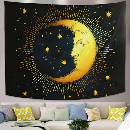 Suosittu psykedeelinen seinävaate sininen musta puolikuu tähti