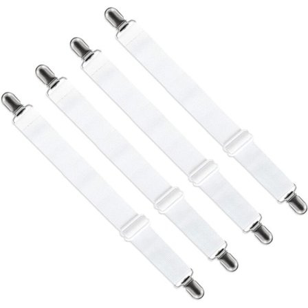 Justerbar Lakanssträckare (65cm till 200cm), Justerbar Remfäste för Lakan, Soffa, Strykbrädesöverdrag (Vit, 4-pack)