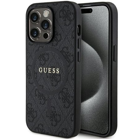 Guess 4G Collection Nahka Metal Logo MagSafe Case for iPhone 15 Pro - Musta