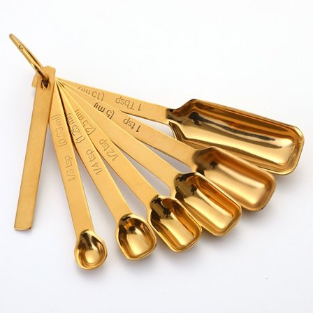 Gull måleskje sett med 7 inkludert bonus nivåer, for baking/matlaging, premium kjøkken bruk rustfritt stål teskjeer, rustfritt, smalt design