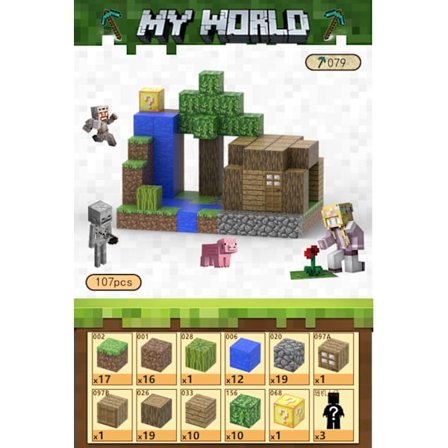 Minecraft byggeklosser, inkludert 107 seks-sidige magnetiske leker og 3 dukker (Creekside Cabin)-WELLNGS