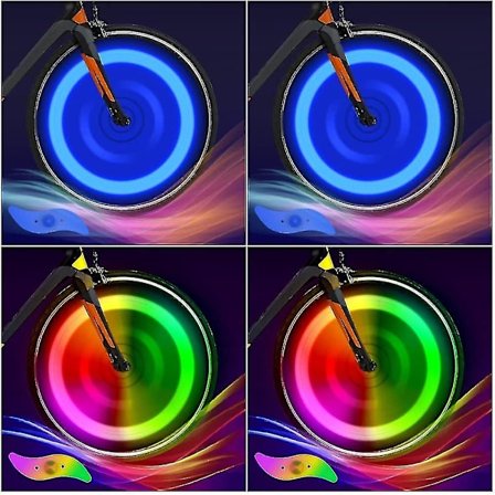 4 stk. Cykelhjul Lys Farverige + Blå, Cykel Led Hjul Lys Med 3 Blinkende Tilstande, Vandafvisende Led Lampe Neon Dæk Eger Lys