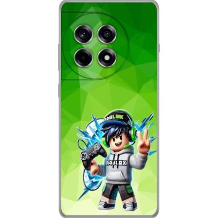 Yhteensopiva Puhelinkuori OnePlus 12R Roblox-inspiroitu pelaajahahmo, jossa on kuulokkeet, ohjain ja energiset efektit vihreää taustaa vasten