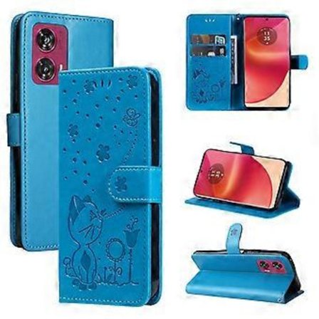 Läderfodral med katt och bi för Motorola Edge 50 Fusion (Blå)
