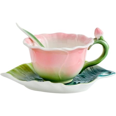 Färgad Ros Keramisk Kaffemugg Vattenkopp, Fat, Tallrik, Kannset för kontor hem restaurang café tehus - Rosa Ros Mugg