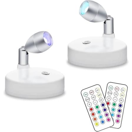 2-pak trådløse RGB LED-spotlys, batteridrevne aksentlys, dimbare mini innendørs pucklys med fjernkontroll, 4000K varmt hvitt, klebe på
