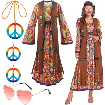 60'er kostume dame, hippie damekjole sæt, 70'er disco halloween outfits, hippie tøj damekostume, 60'er tilbehør til tøj