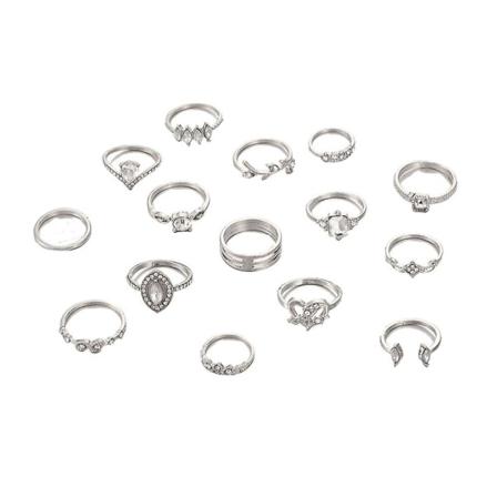 15 stk/sæt Boho Kvinder Rhinestone Leaf Heart Geometrisk Finger Ring Smykker Gave