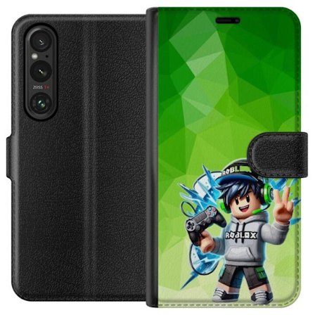 Kompatibelt Lommeboketui til Sony Xperia 1 VI Roblox-inspirert gamerfigur med headset, håndkontroll og energiske effekter mot grønn bakgrunn