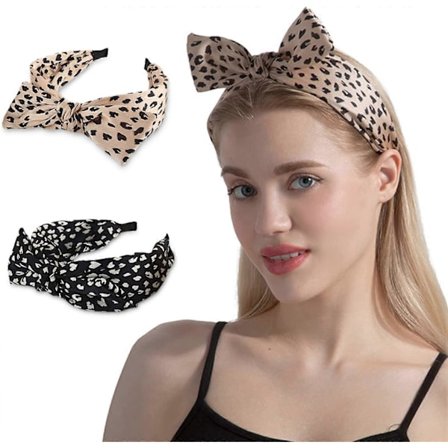 Dame Hårbøjle Satin Hårbøjler Hår Bøjle Sløjfe Bånd til Kvinder Piger Hår Tilbehør, Leopardmønster, 2 STK - Kaffe & Sort