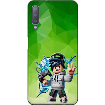 Kompatibelt Mobildeksel til Samsung Galaxy A7 (2018) Roblox-inspirert gamerfigur med headset, håndkontroll og energiske effekter mot grønn bakgrunn