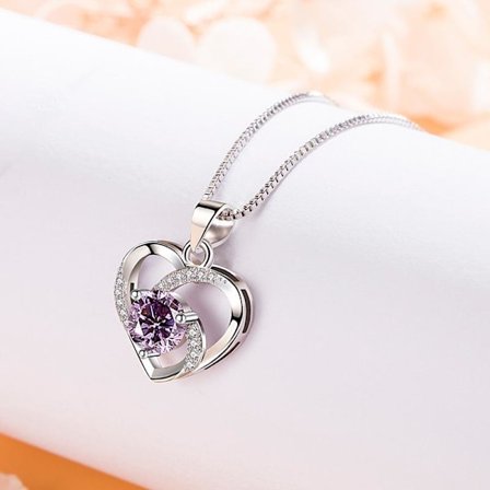 Heart necklace - silver color with purple rhinestone