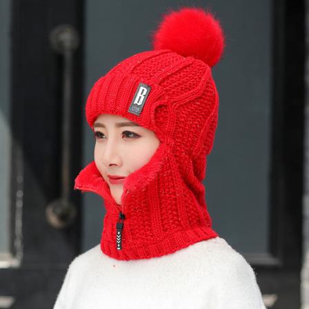 Varm vinterstickad mössa för kvinnor Varmt koreanskt mode sammet kallskyddssjal unisex One-piece type red M