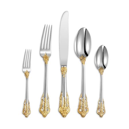 Elegant bestik, bestiksæt 5 dele, 18/10 rustfrit stål poleret, skinnende, fint sølvbestik, sølvbelagt med guldaccenter