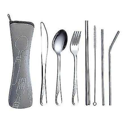 Bestik Sæt Med Bærepose, Rustfrit Stål Bestik Camping Sæt Med Neoprenpose Til Udendørs Rejse Picnic Kontor Skole Madpakke (7 Dele)