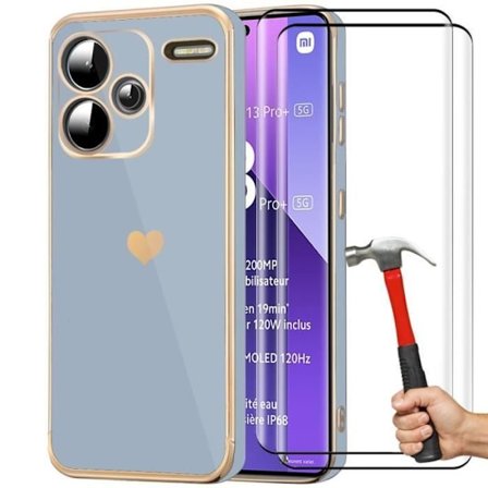 Coque - E.F.Connection - för Xiaomi Redmi Note 13 Pro+ 5G - Stöttålig - Blå Silikon - Hjärtmönster - med 2 Härdat Glas