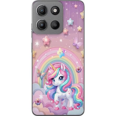 Kompatibel Mobilcover til Motorola Moto G15 Magisk enhjørning med regnbue manke, stjerner og sommerfugle mod en pastelfarvet himmel med skyer