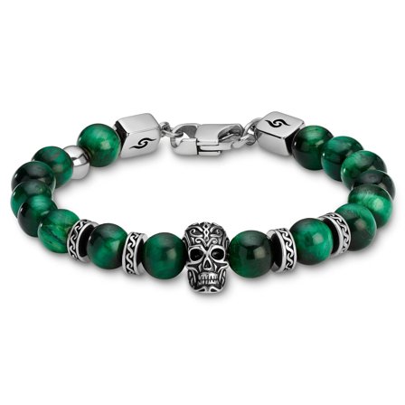 Rico | Pulsera de calavera de acero inoxidable plateado y ojo de tigre verde para hombres - Pulseras de acero