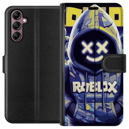 Kompatibelt Lommeboketui til Samsung Samsung Galaxy A14 5G Blågul Roblox hettegenserfigur med minimalistisk neonstil og masket ansikt, moderne spilli