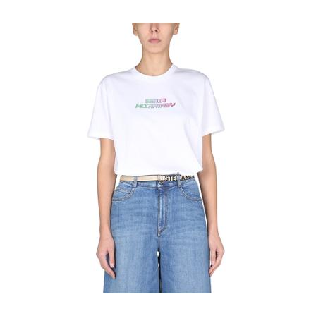 Stella McCartney, T-Shirt With Gel Logo Wit, Dames, Maat:S