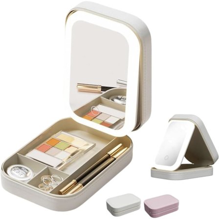 Makeup taske med spejl, rejse makeup arrangør etui med LED spejl, bærbar kosmetik taske med 3 farver lysstyrke justerbar