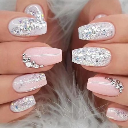 Sølv Glitter Tryk på Negle Medium Square Falske Negle med Rhinestones Design Blanke Pink Hvide Kunstige Falske Negle