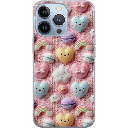 Yhteensopiva Puhelinkuori Apple iPhone 13 Pro Pastellimotiiivi sydämillä, pilvillä, sateenkaarilla ja makaronseilla vaaleanpunaisella taustalla sul