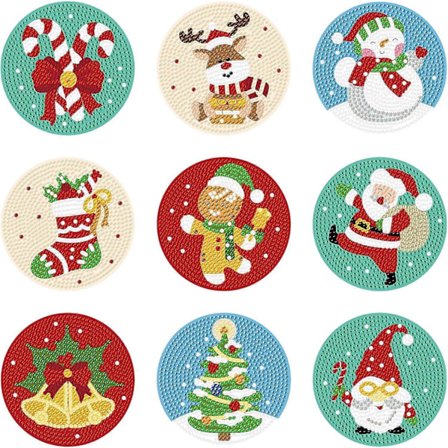 9 stk. DIY Julekunstmaleri-Køkkenunderlag, Kreativ Julediamantmaleri-Køkkenunderlag Mosaik Sæt Dekoration til Børn