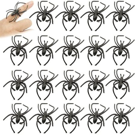 20 stk. simulerte edderkoppringer i plast, svarte edderkoppringer, morsomt