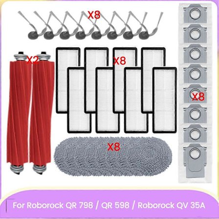 34 stk. reservedele til Roborock QR 798 / QR 598 / QV 35A støvsuger Reservedele Hovedbørste Sidebørste HEPA-filter Moppeklud Støvpose