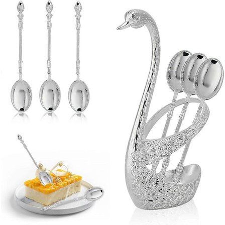 6 Deler Rustfritt Stål Skje, Teskjeer Dessertskje med Svanformet Skjeholder for Te, Kaffe, Kake, Iskrem_Billige Gaver