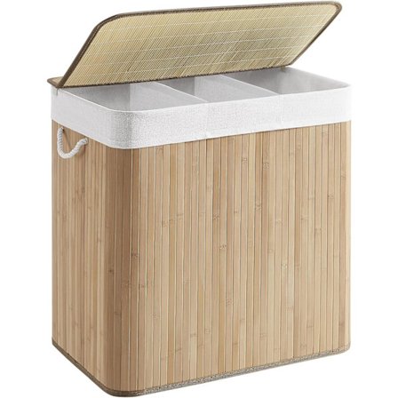 Pyykkikori 3 lokerolla, kiinnitettävällä kannella ja kahvoilla, 150L kokoontaitettava, pyykkitupaan, makuuhuoneeseen, kylpyhuoneeseen, luonnonvärinen