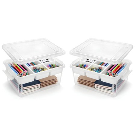 2 stk. opbevaringskasser i plastik, klar kunstforsyningsorganisator med aftagelig bakke, stabelbar med låg og håndtag