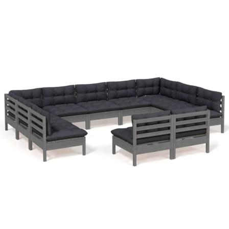 Vidaxl Loungegrupp Med Dynor 11 Delar Grå Massiv Furu Grå