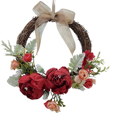 Röd dörrkrans 10" blekningsbeständig konstgjord pion vår sommar dekorativ hängande krans för ytterdörr, vägg eller fönster