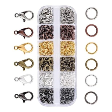 DIY Smykkesæt med 12 rum - 120 karabinhager til smykker + 140 åbne springringe, DIY smykkesæt med tilbehør - Håndlavede smykker