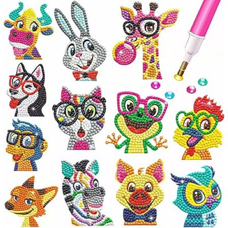 12 stk. 5D diamantmaling klistermærkesæt til børn, DIY dyrediam