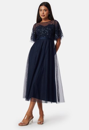 Bubbleroom Occasion - Embroidered Mesh Midi Dress - Dark blue - Kläder