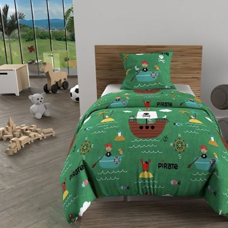 Påslakanset 140x200 cm PIRATES green, 100% bomull 57 trådar/cm2, av Soleil d'Ocre