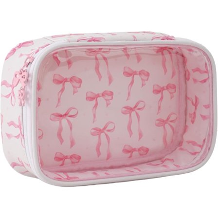 ING Transparent Sminkväska, Liten Kosmetikväska för Kvinnor och Flickor med Rosa Rosett, Låg Sminkväska för Handväska, Toalettväska, Presentidé för 