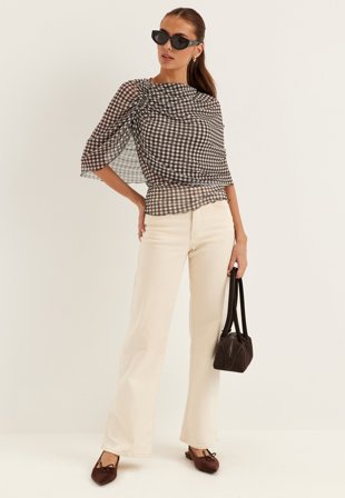 Bubbleroom Occasion - Cape Mesh Top - Brown/Checked