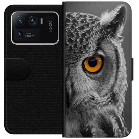 Kompatibelt Lommeboketui til Xiaomi Mi 11 Ultra Svart og hvit nærbilde av en ugle med kraftig oransje øye og detaljert fjærstruktur.
