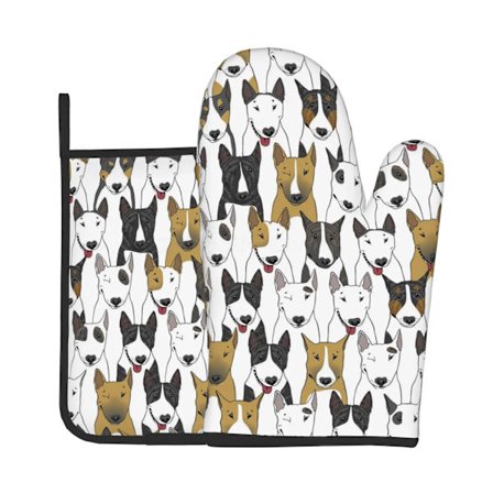 English Bull Terrier Dog Kitchen Oven Mitts and Pot Holders Sets Heat Resistant Microwave Gloves for Cooking Baking Grilling