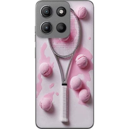 Kompatibel Mobilcover til Motorola Motorola Moto G15 Power Rosa glaskugler og tennisketsjer i et kreativt stillbillede med legende popfølelse og mode